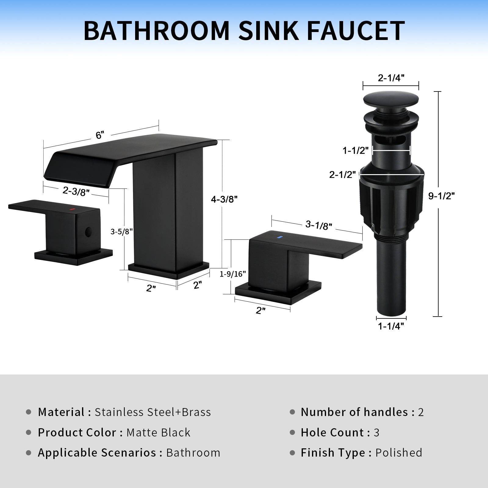 Leyso Matte Black Waterfall Bathroom Faucet – Bathroom Sink Faucet Waterfall Spout 3-Hole Design with 2 Handles, Pop-Up Drain & Hot/Cold Hoses Included – Modern Vanity Sink Faucet for Restroom, RV