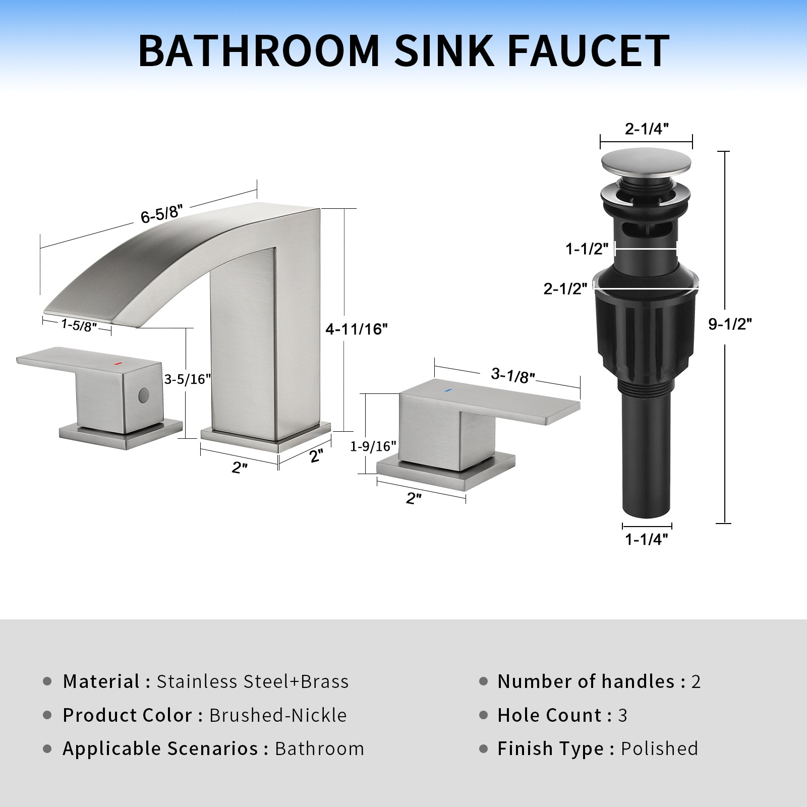 Leyso Brushed Silver Square Bathroom Faucet Widespread Waterfall Bathroom Sink Faucet 3-Hole with Pop-Up Drain & Hot/Cold Hoses Two Handles Modern Sink Faucet for Vanity