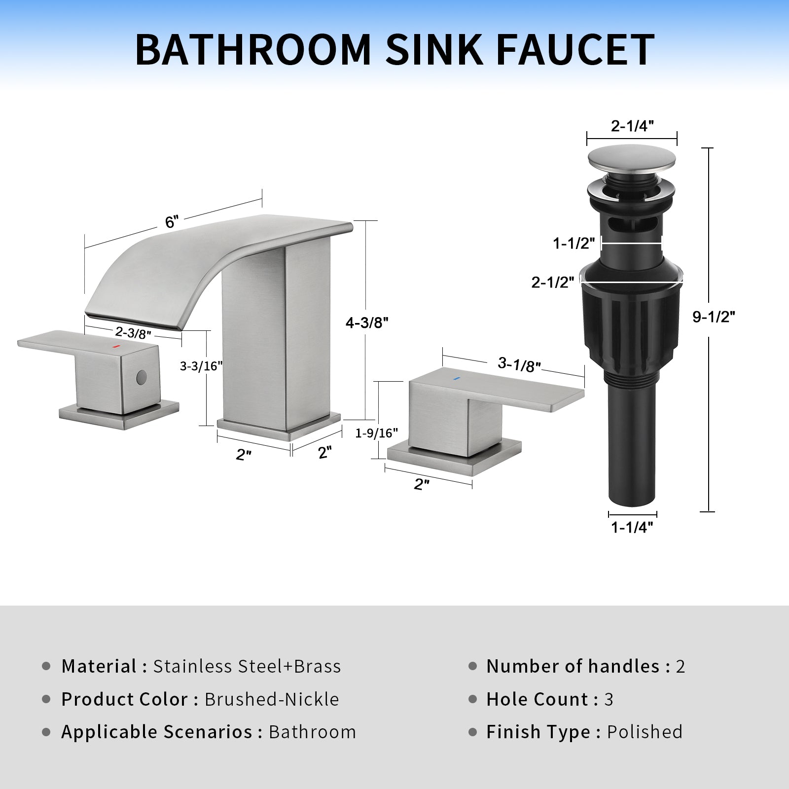 Leyso Brushed Nickel Bathroom Faucet 3 Hole, Widespread Waterfall Bathroom Sink Faucet with Pop-Up Drain & cUPC Hose Modern Two Handle Sink Faucet for Vanity Lavatory Restroom