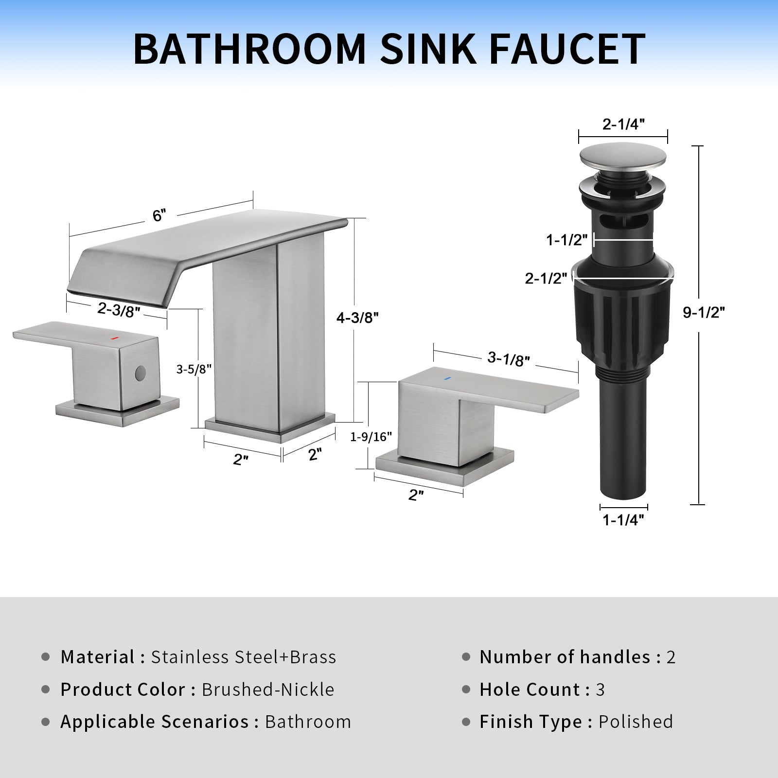 Leyso Brushed Nickel Waterfall Bathroom Faucet – Bathroom Sink Faucet Waterfall Spout 3-Hole Design with 2 Handles, Pop-Up Drain & Hot/Cold Hoses Included – Modern Vanity Sink Faucet for Restroom, RV