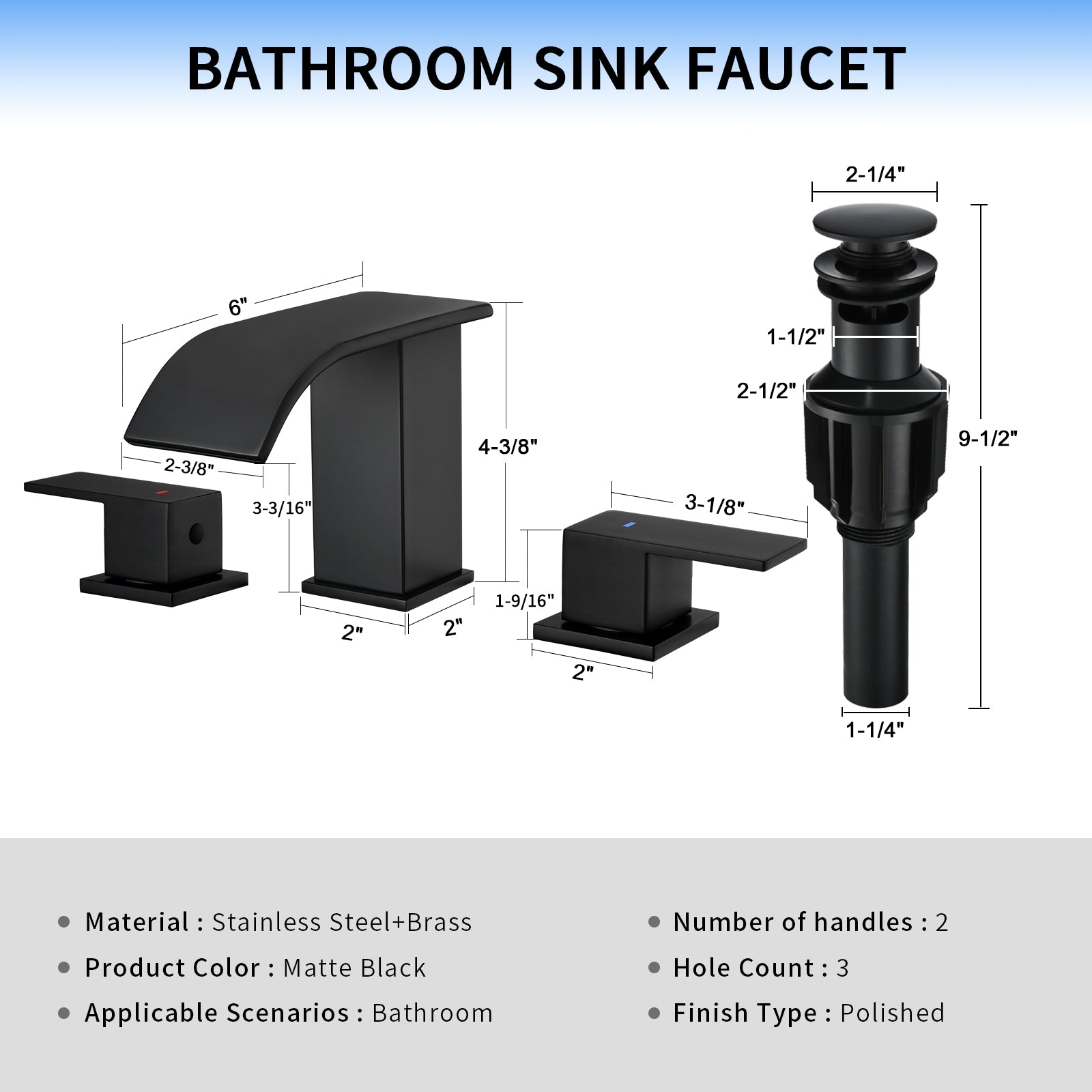 Leyso Matte Black Bathroom Faucet 3 Hole, Widespread Waterfall Bathroom Sink Faucet with Pop-Up Drain & cUPC Hose Modern Two Handle Sink Faucet for Vanity Lavatory Restroom