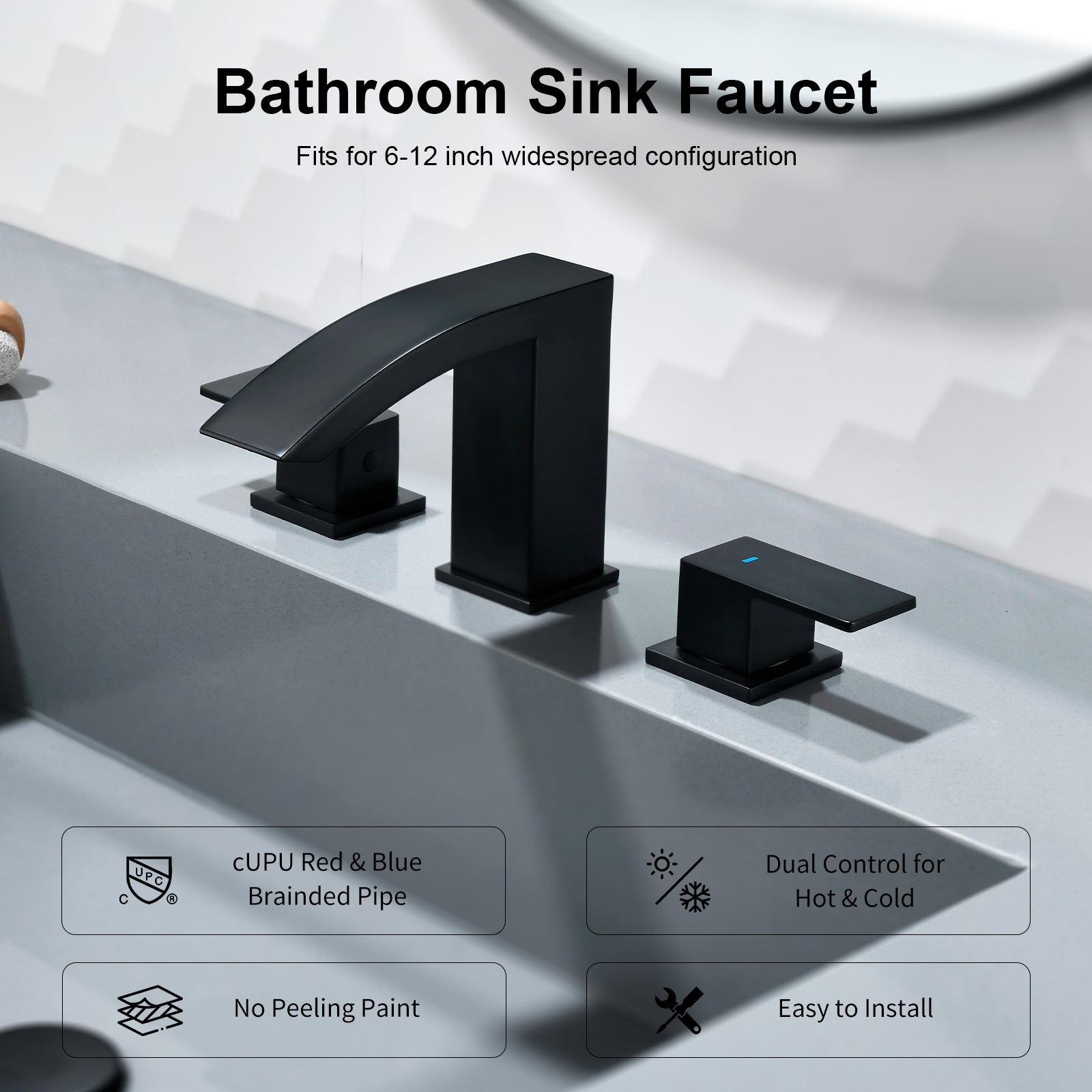 Leyso Matte Black Square Bathroom Faucet Widespread Waterfall Bathroom Sink Faucet 3-Hole with Pop-Up Drain & Hot/Cold Hoses Two Handles Modern Sink Faucet for Vanity