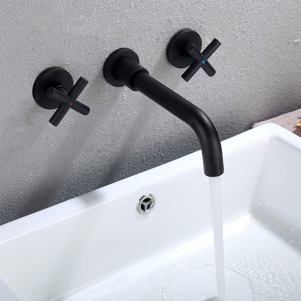 Rbrohant Wall Mounted Bathroom Faucet Brushed Gold - 8 Inch Cross Handle Solid Brass Basin Sink Faucet, CEC Certified, cUPC Valve