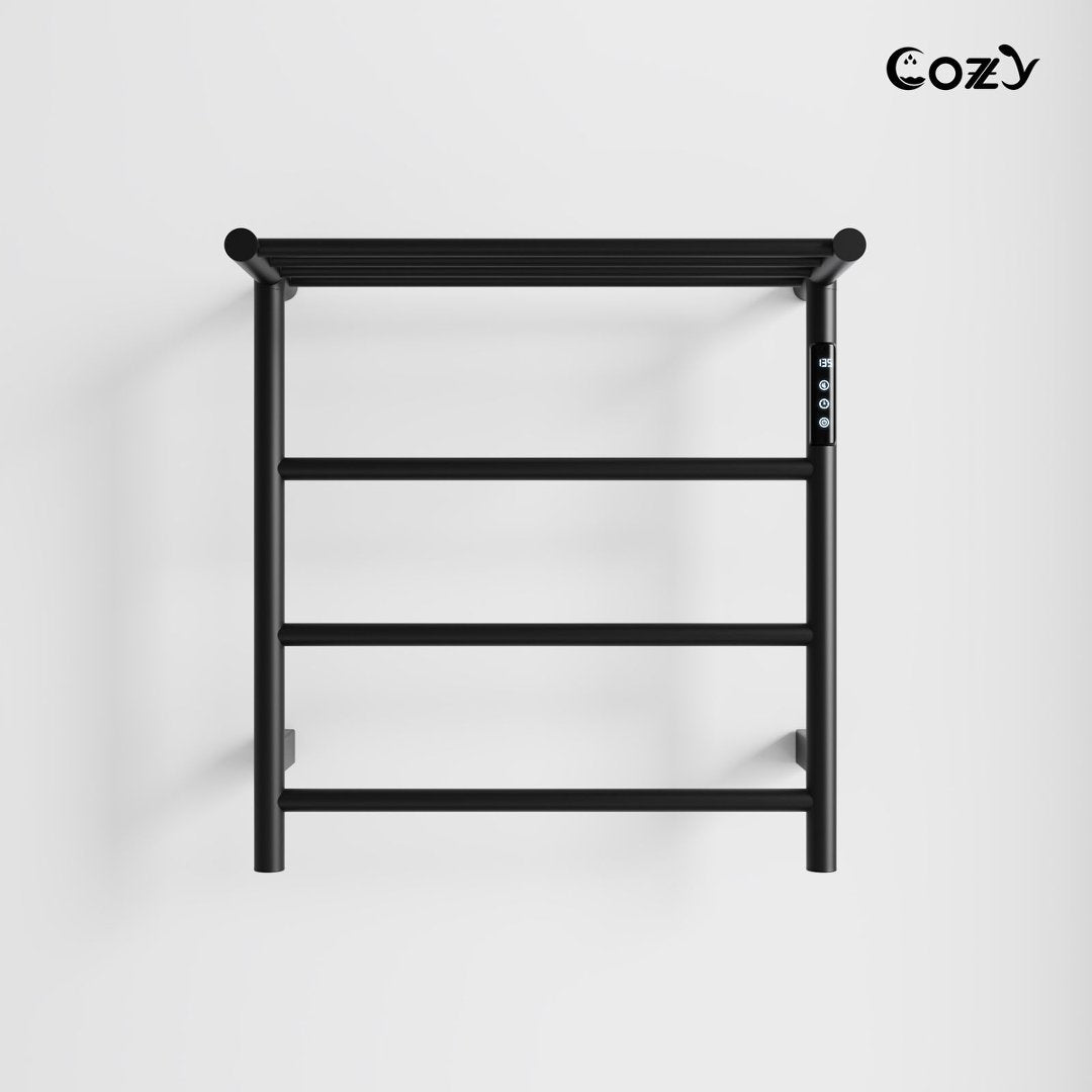 COZY 智能电热壁挂式毛巾架带置物板 – 4杆加热烘干架,70W,LED显示,可调定时器和温度,插电式或硬接线,拉丝黑