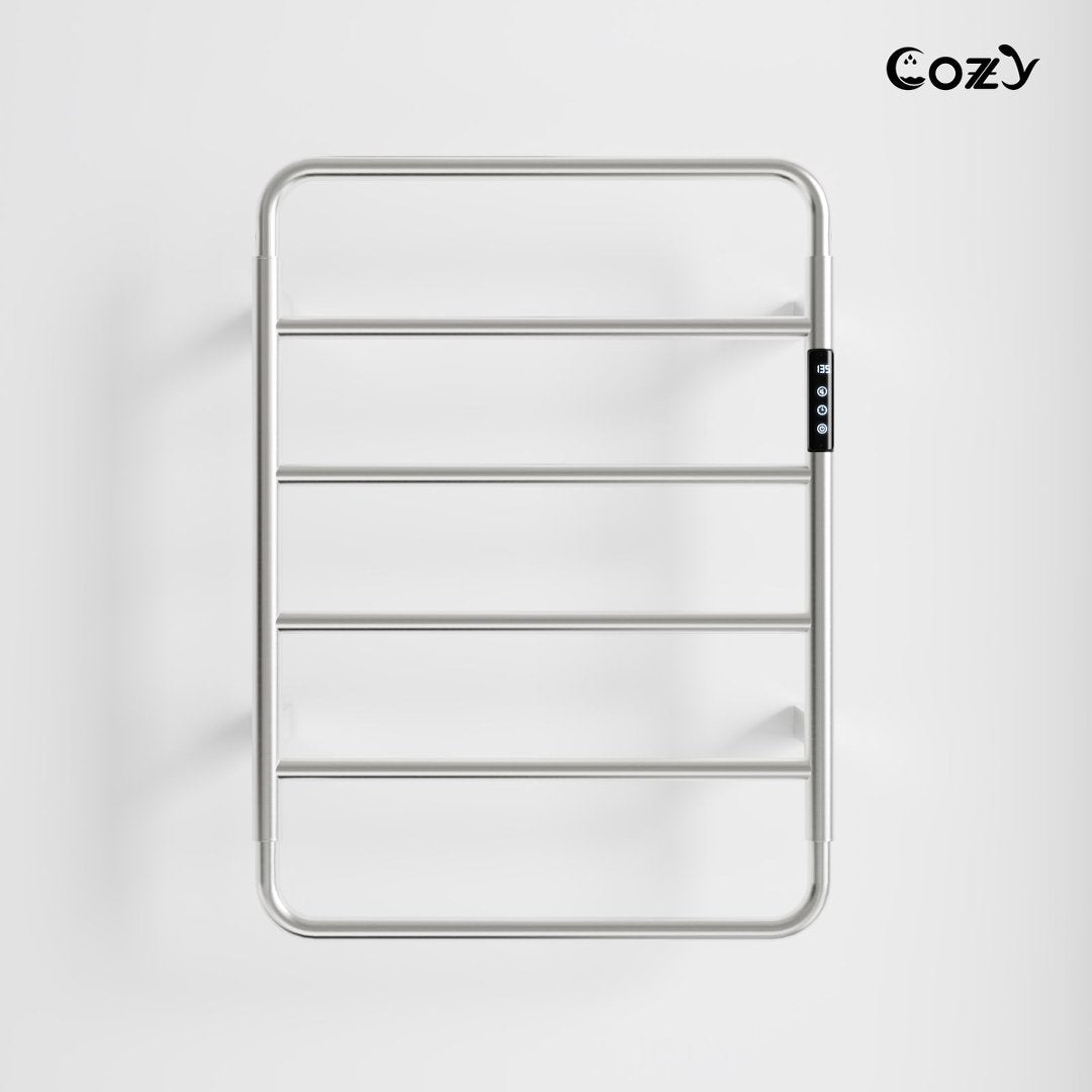 COZY 智能电热壁挂式毛巾架带置物架 – 6杆加热烘干架,60W,LED显示屏,定时器和温控,插电或硬接线,拉丝镍