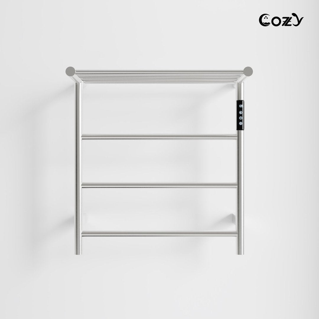COZY 智能电热壁挂式毛巾架带置物板 – 4杆加热烘干架,70W,LED显示屏,可调定时器和温度,插电或硬线安装,拉丝镍