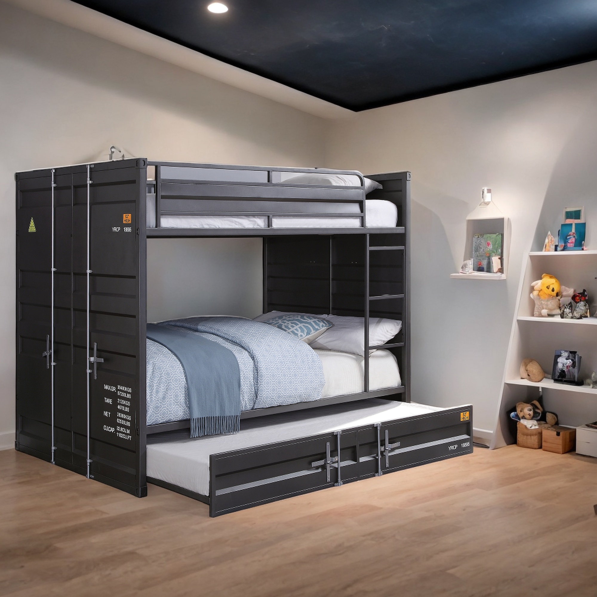 Dormily Full Over Full Metal Bunk Bed with Trundle Heavy Duty Metal Bunk Beds Frame with Ladder Convertible Bunk Bed with Safety Guard Rails, 3 in 1 Bunk Beds No Box Spring Needed