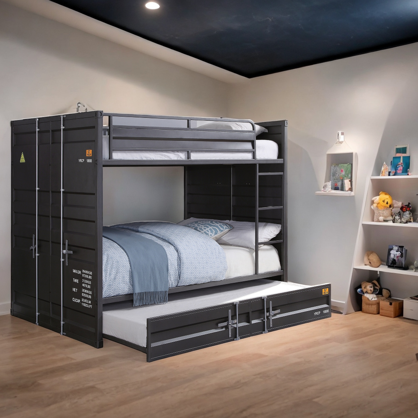 Dormily Full Over Full Metal Bunk Bed with Trundle Heavy Duty Metal Bunk Beds Frame with Ladder Convertible Bunk Bed with Safety Guard Rails, 3 in 1 Bunk Beds No Box Spring Needed