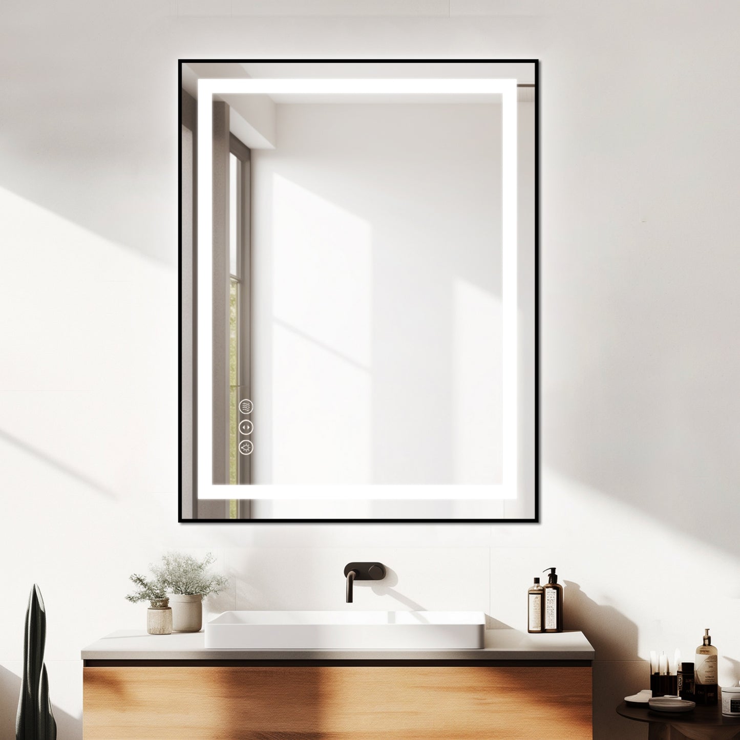 Awoco Black Framed Bathroom LED Mirror - Vanity Mirror with Backlit & Front Lit, Dimmable, Anti-Fog, Defog with Memory, Tempered Glass LED Mirror for Bathroom