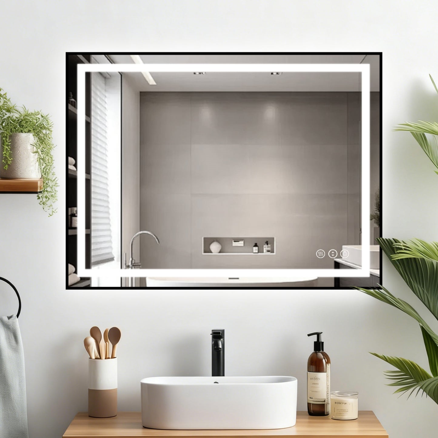 Awoco Black Framed Bathroom LED Mirror - Vanity Mirror with Backlit & Front Lit, Dimmable, Anti-Fog, Defog with Memory, Tempered Glass LED Mirror for Bathroom