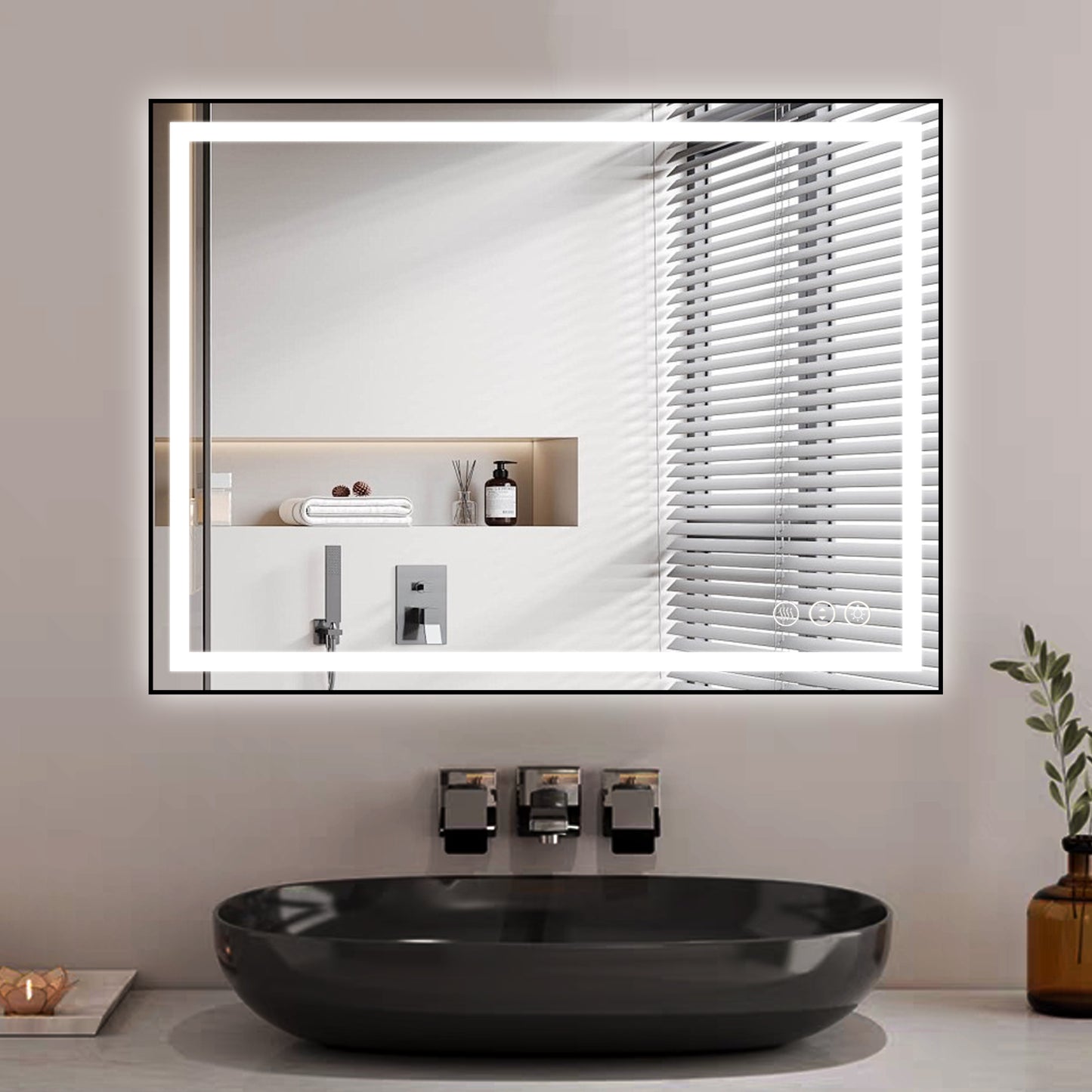 Awoco Black Framed Bathroom LED Mirror - Vanity Mirror with Backlit & Front Lit, Dimmable, Anti-Fog, Defog with Memory, Tempered Glass LED Mirror for Bathroom
