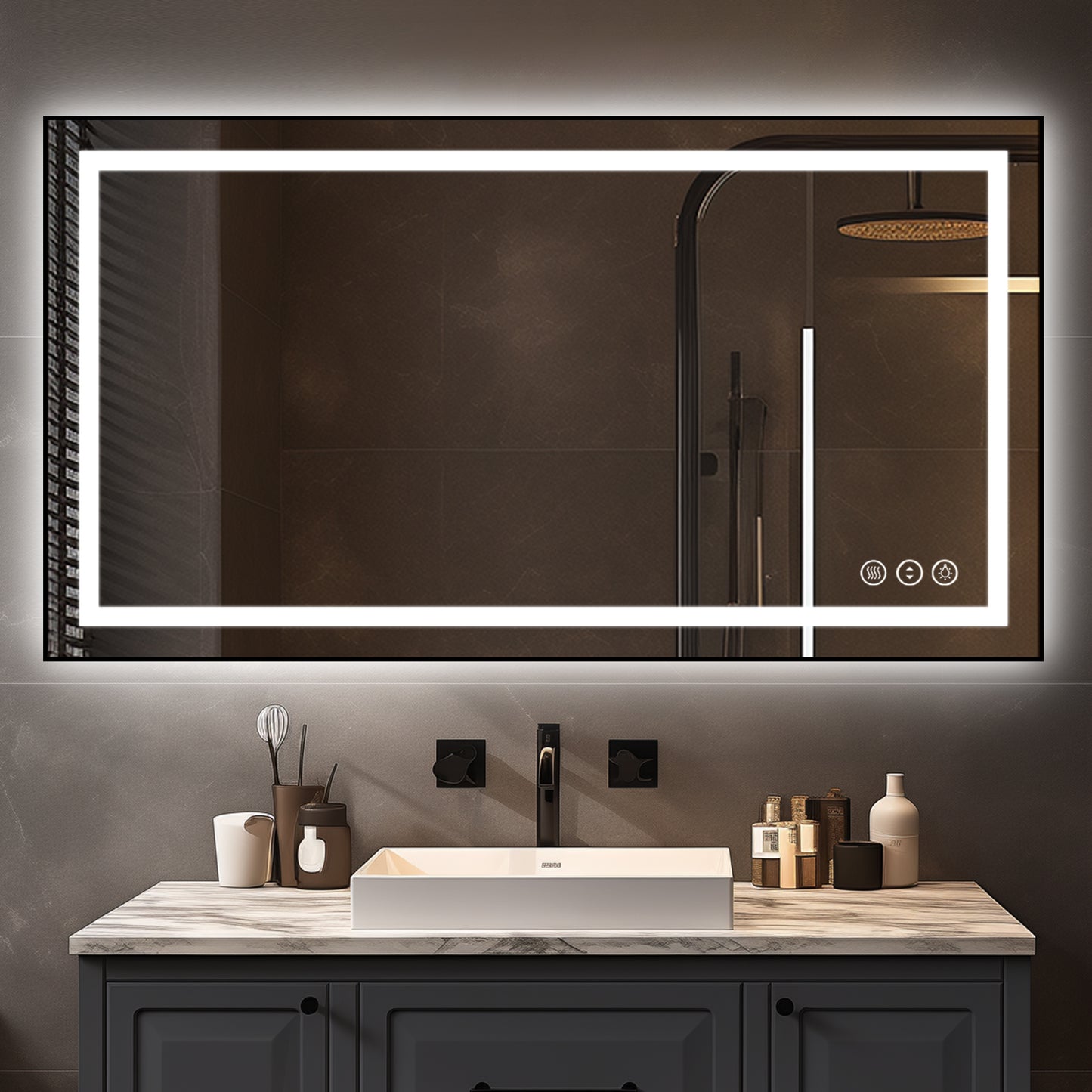 Awoco Black Framed Bathroom LED Mirror - Vanity Mirror with Backlit & Front Lit, Dimmable, Anti-Fog, Defog with Memory, Tempered Glass LED Mirror for Bathroom