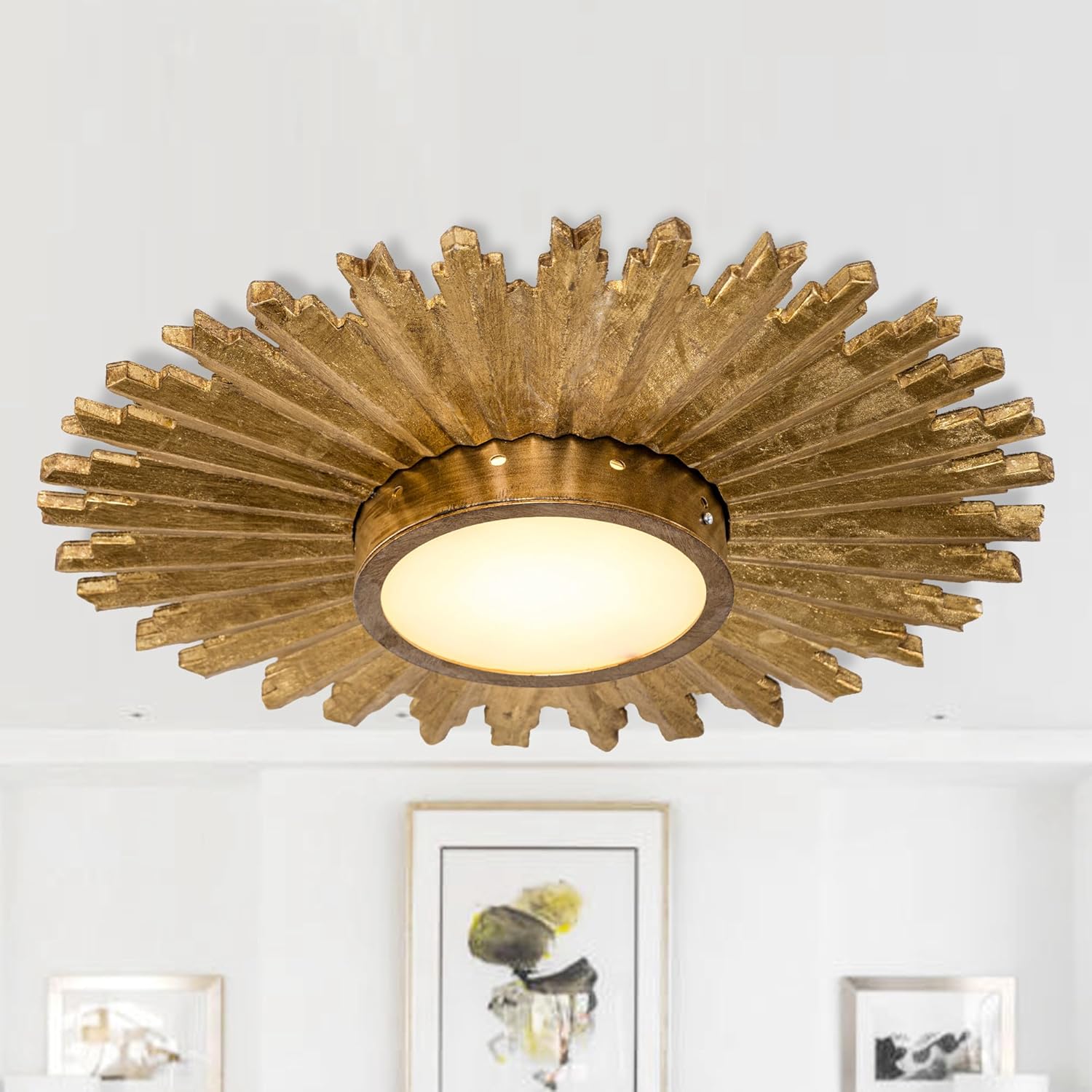 Golden Sunburst 2-Light Flush Mount Ceiling Light - Mid-Century Fixture