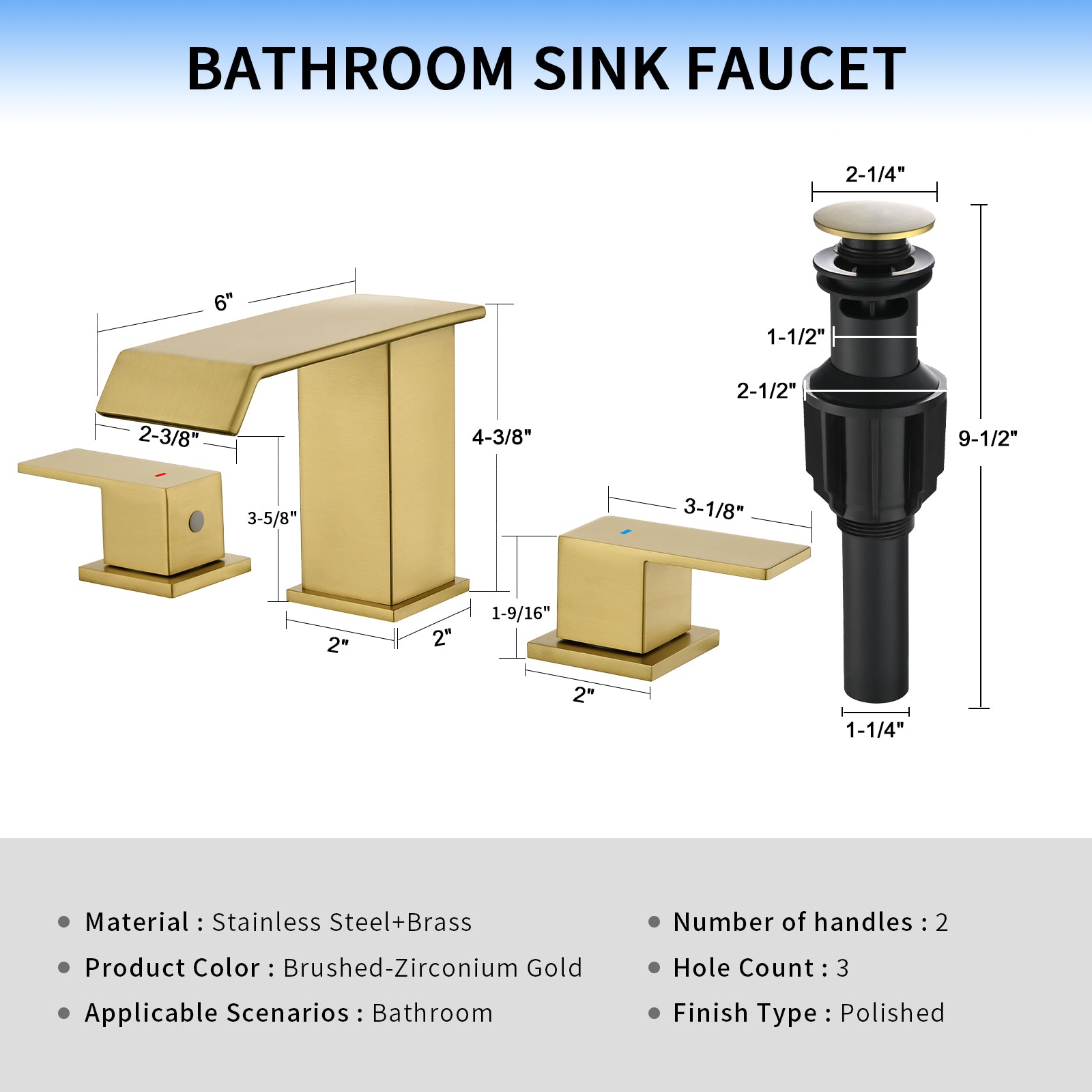 Leyso Brushed Gold Waterfall Bathroom Faucet – Bathroom Sink Faucet Waterfall Spout 3-Hole Design with 2 Handles, Pop-Up Drain & Hot/Cold Hoses Included – Modern Vanity Sink Faucet for Restroom, RV