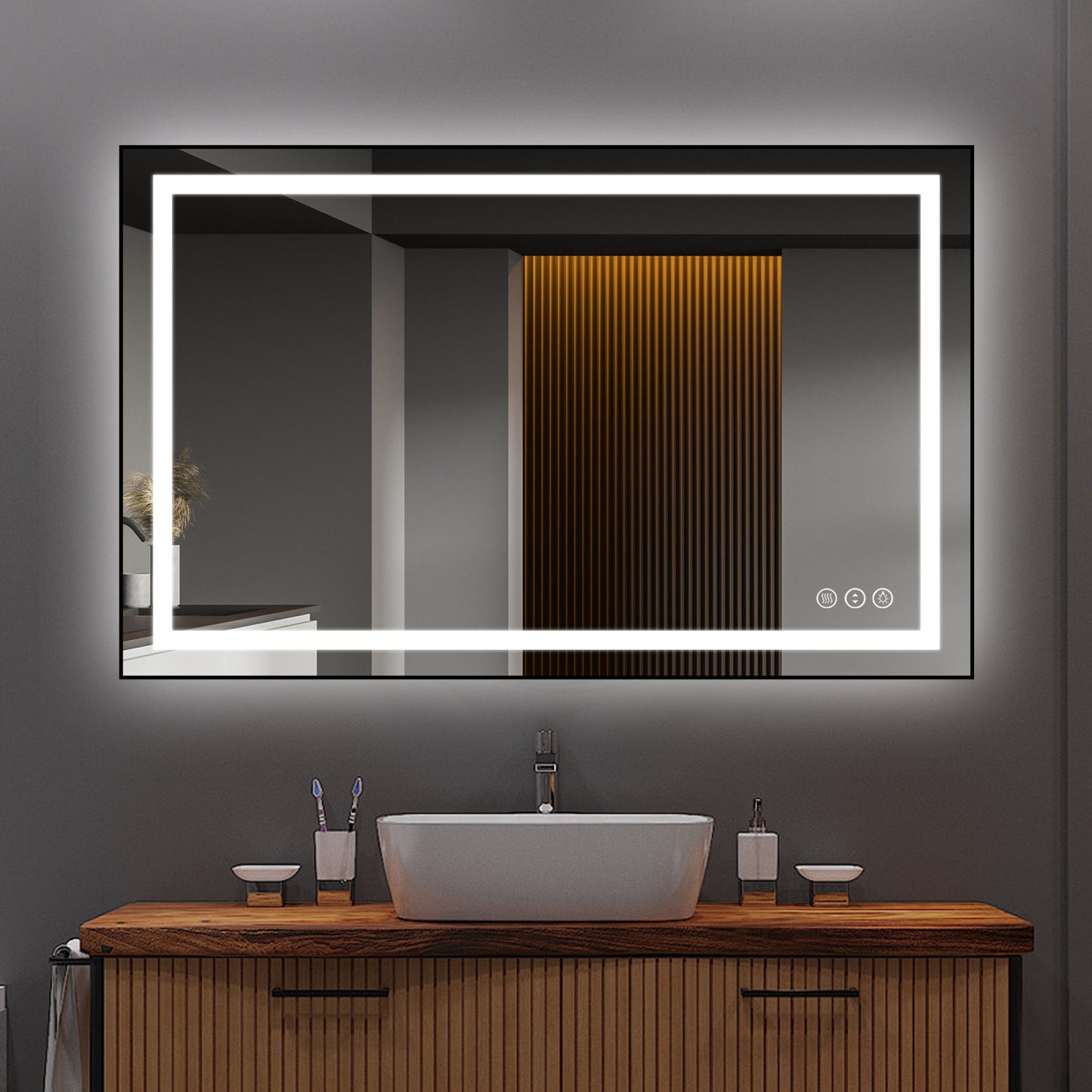 Awoco Black Framed Bathroom LED Mirror - Vanity Mirror with Backlit & Front Lit, Dimmable, Anti-Fog, Defog with Memory, Tempered Glass LED Mirror for Bathroom