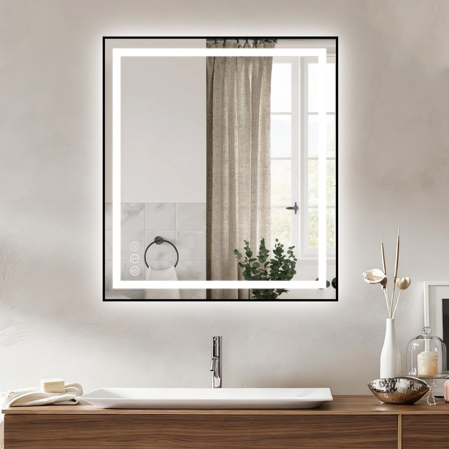 Awoco Black Framed Bathroom LED Mirror - Vanity Mirror with Backlit & Front Lit, Dimmable, Anti-Fog, Defog with Memory, Tempered Glass LED Mirror for Bathroom