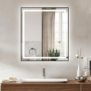Awoco Black Framed Bathroom LED Mirror - Vanity Mirror with Backlit & Front Lit, Dimmable, Anti-Fog, Defog with Memory, Tempered Glass LED Mirror for Bathroom