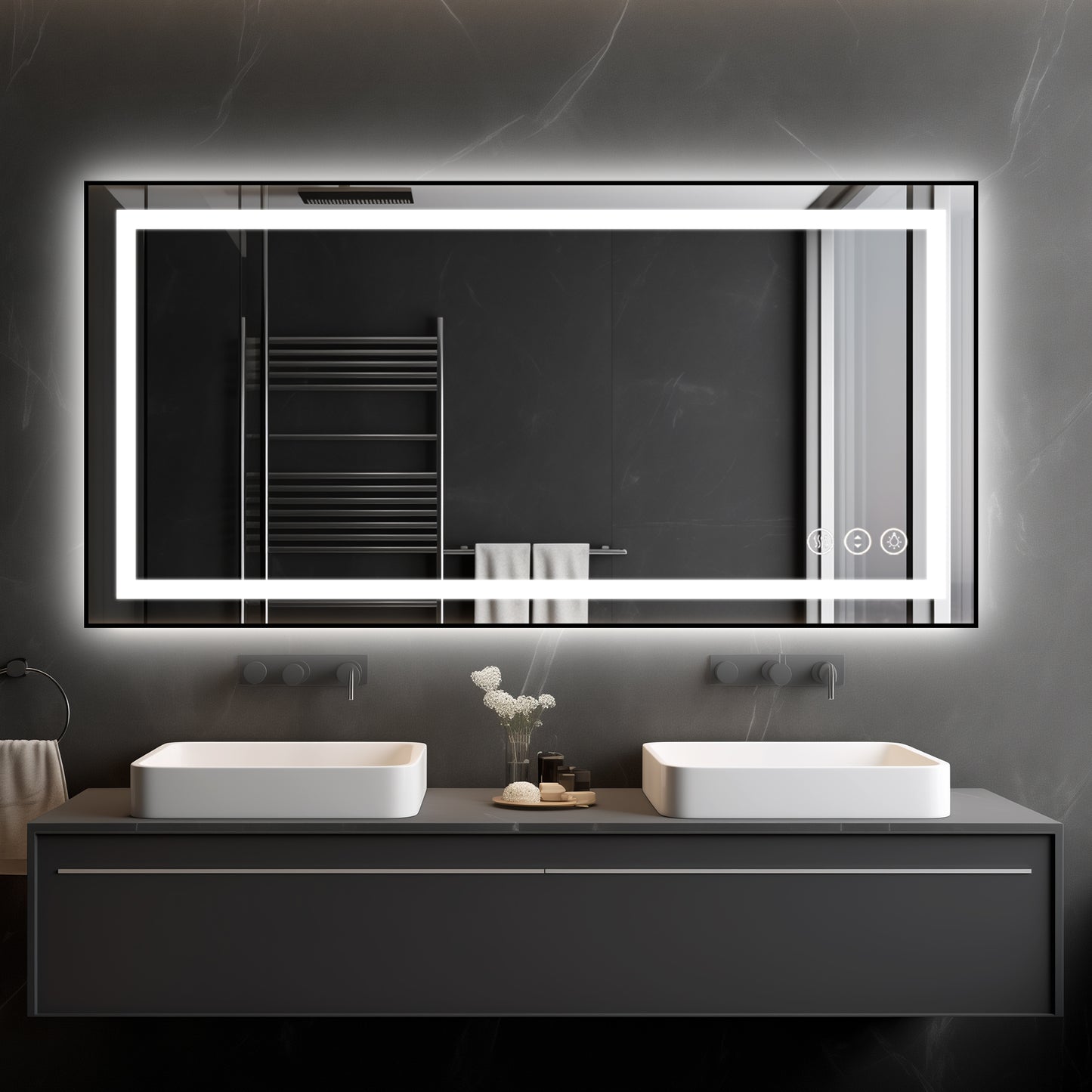 Awoco Black Framed Bathroom LED Mirror - Vanity Mirror with Backlit & Front Lit, Dimmable, Anti-Fog, Defog with Memory, Tempered Glass LED Mirror for Bathroom