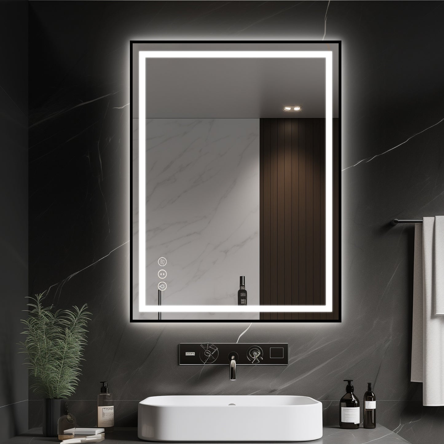 Awoco Black Framed Bathroom LED Mirror - Vanity Mirror with Backlit & Front Lit, Dimmable, Anti-Fog, Defog with Memory, Tempered Glass LED Mirror for Bathroom