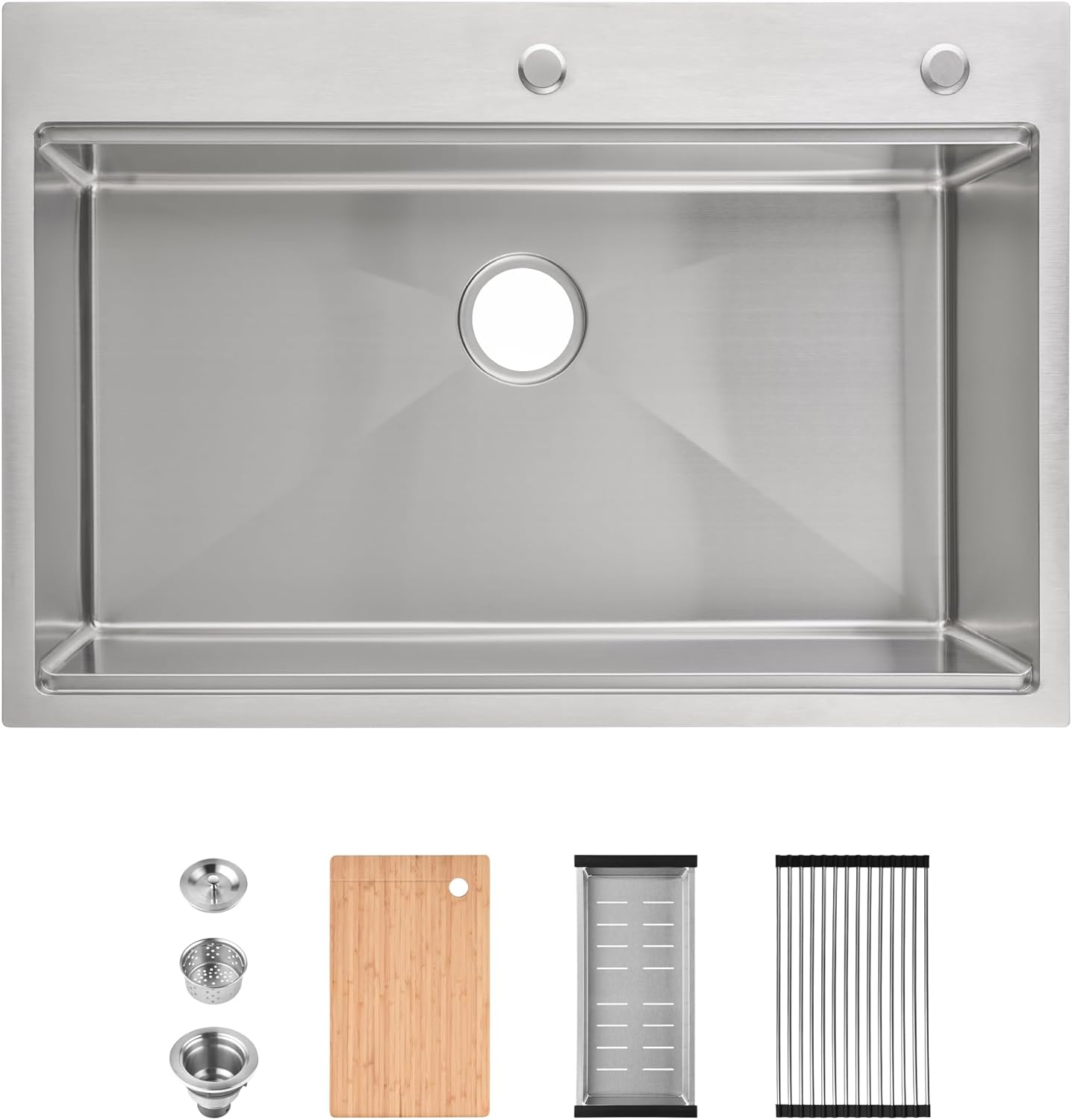 COZY 33" x 22" Stainless Steel Workstation Sink Overmount Single Bowl with Cutting Board Colander and Grid, SS-BR01D-332208