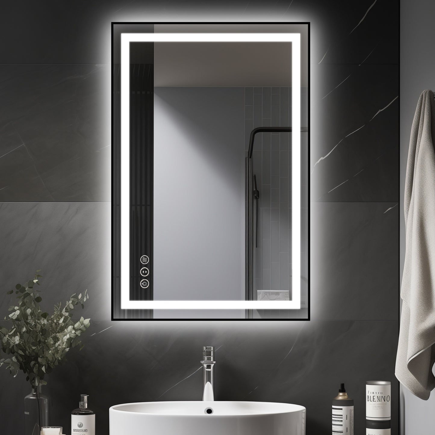Awoco Black Framed Bathroom LED Mirror - Vanity Mirror with Backlit & Front Lit, Dimmable, Anti-Fog, Defog with Memory, Tempered Glass LED Mirror for Bathroom