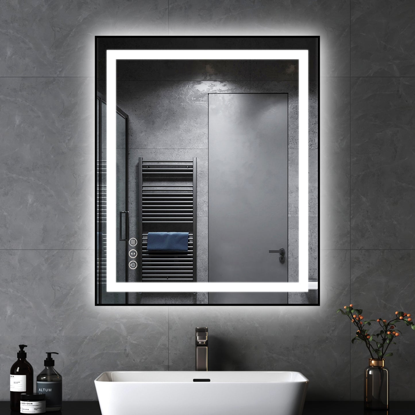 Awoco Black Framed Bathroom LED Mirror - Vanity Mirror with Backlit & Front Lit, Dimmable, Anti-Fog, Defog with Memory, Tempered Glass LED Mirror for Bathroom