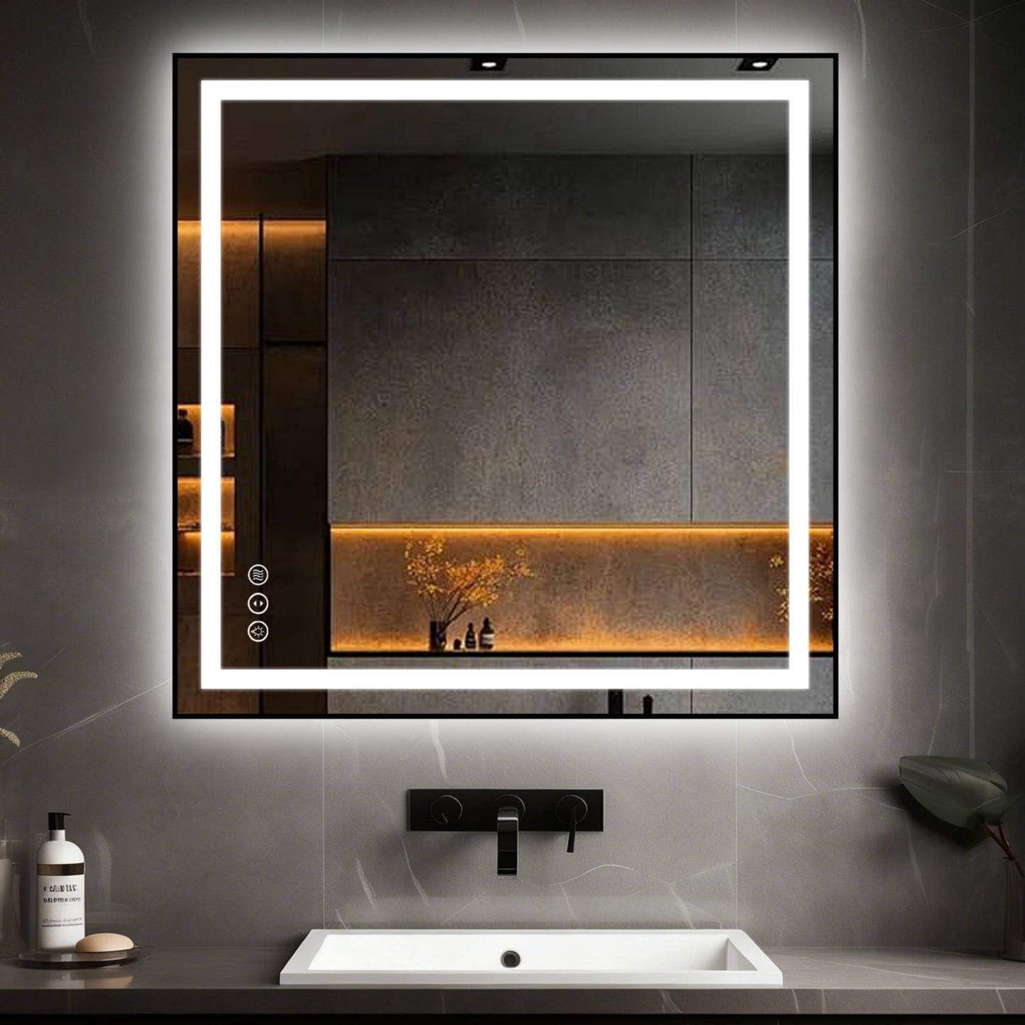 Awoco Black Framed Bathroom LED Mirror - Vanity Mirror with Backlit & Front Lit, Dimmable, Anti-Fog, Defog with Memory, Tempered Glass LED Mirror for Bathroom