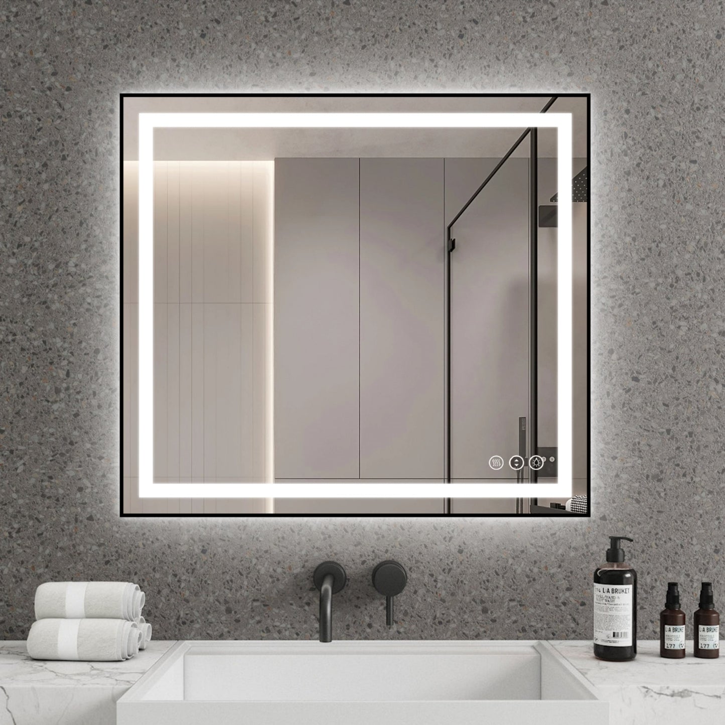 Awoco Black Framed Bathroom LED Mirror - Vanity Mirror with Backlit & Front Lit, Dimmable, Anti-Fog, Defog with Memory, Tempered Glass LED Mirror for Bathroom