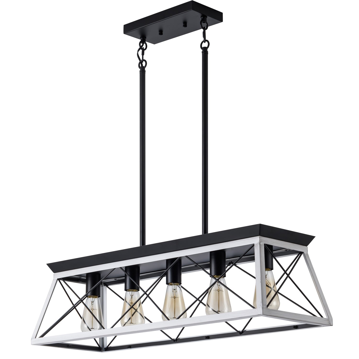 32" Black White Industrial 5-Light Pendant Chandelier, Modern Metal Cage Design, Adjustable Hanging Light for Dining Room, Kitchen, Living Room (No Bulbs)