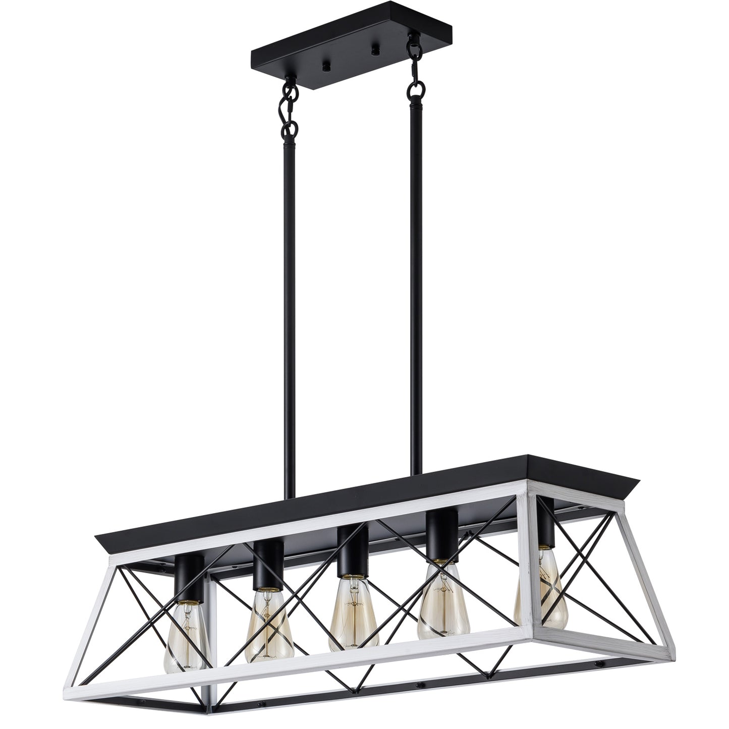 32" Black White Industrial 5-Light Pendant Chandelier, Modern Metal Cage Design, Adjustable Hanging Light for Dining Room, Kitchen, Living Room (No Bulbs)