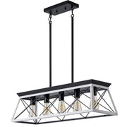 32" Black White Industrial 5-Light Pendant Chandelier, Modern Metal Cage Design, Adjustable Hanging Light for Dining Room, Kitchen, Living Room (No Bulbs)