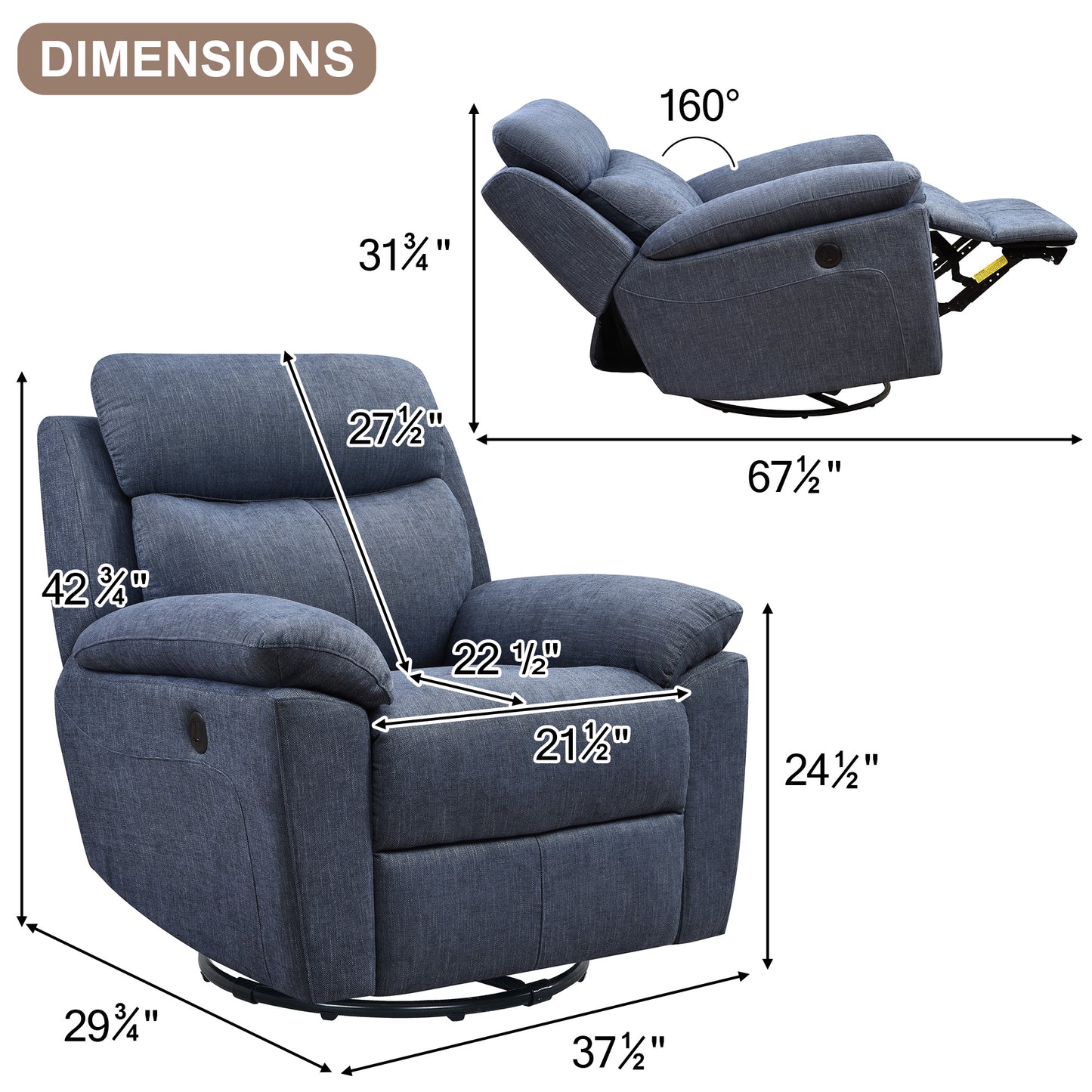 Dormily Recliner Chair for Adults, Ergonomic 270 Degree Swivel Power Recliner, Adjustable Modern Swivel Chair with Thick Seat Cushion and Backrest for Living Room, Bedroom, Nursery (Navy Blue)