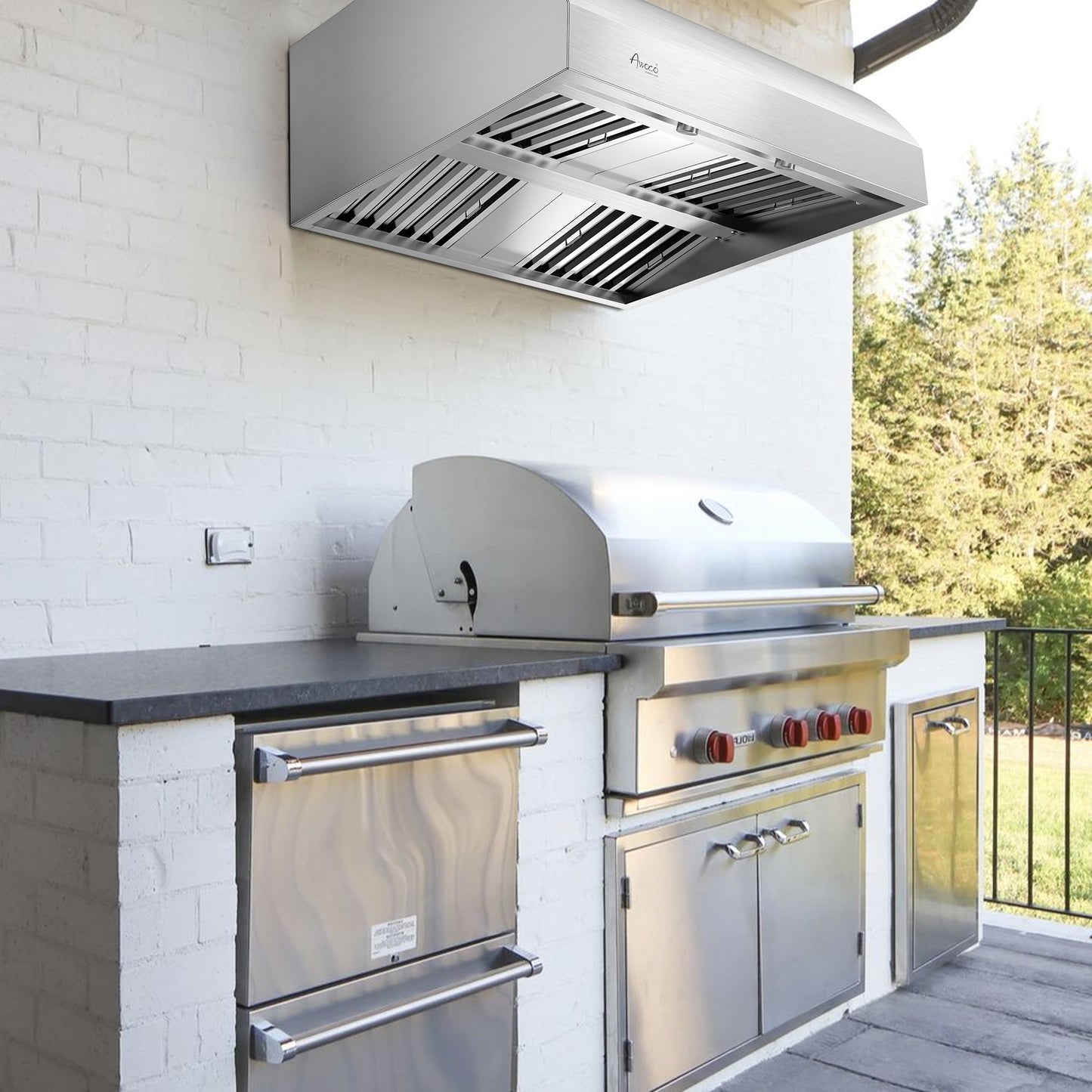 Awoco 36" Outdoor BBQ Vent Hood 18" High Type 304 Stainless Steel, 4 Speeds 1000 CFM, Adjustable LED Lights, 8” Round Top Vent + 12" Chimney Cover