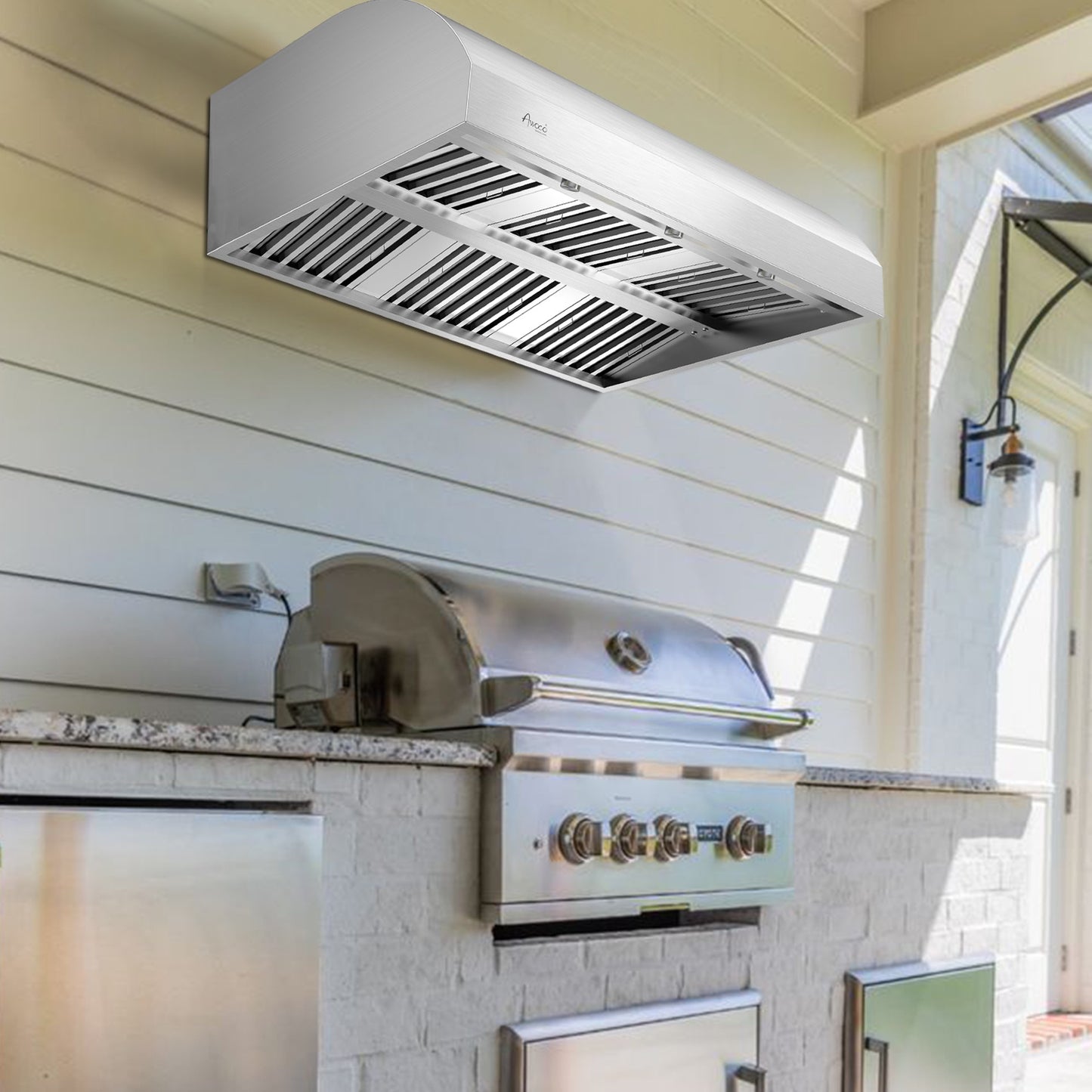 Awoco 48" Outdoor BBQ Vent Hood 18" High Type 304 Stainless Steel, 4 Speeds 2000 CFM, Dual Blowers, Adjustable LED Lights, 8” Round Top Vent