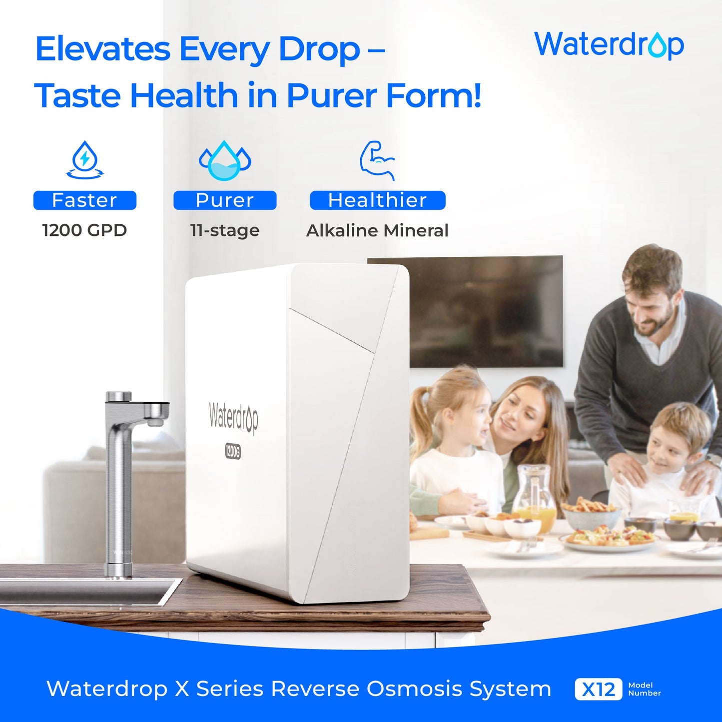 Waterdrop X12 White Tankless Reverse Osmosis System | 1200 GPD | 11-Stage Filtration | UV Sterilization | Alkaline Mineral Technology | Smart Faucet | NSF/ANSI 42, 58 & 372 Certified