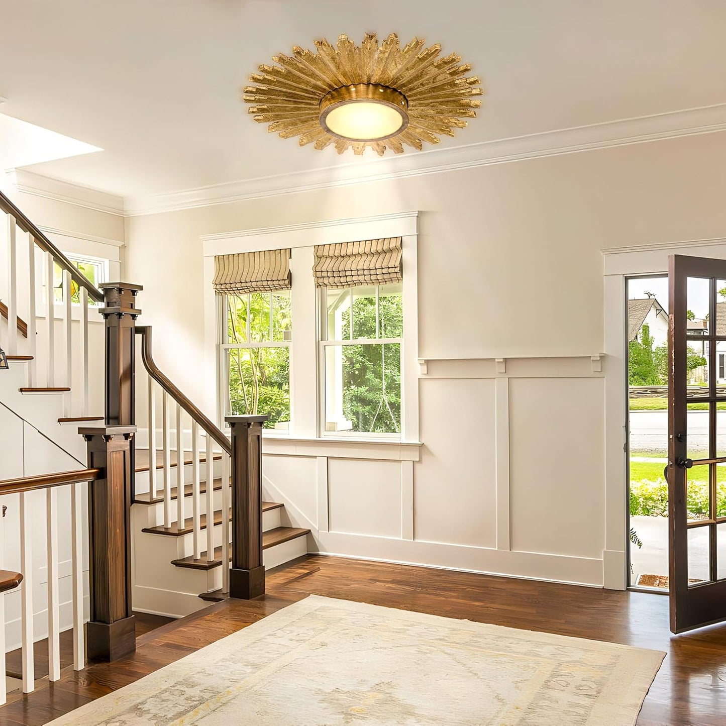 Golden Sunburst 2-Light Flush Mount Ceiling Light - Mid-Century Fixture