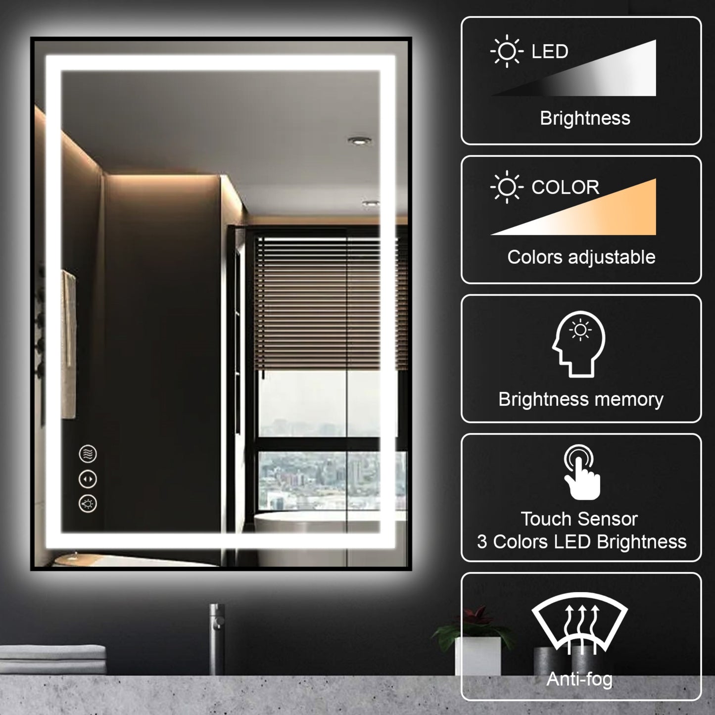 Awoco Black Framed Bathroom LED Mirror - Vanity Mirror with Backlit & Front Lit, Dimmable, Anti-Fog, Defog with Memory, Tempered Glass LED Mirror for Bathroom