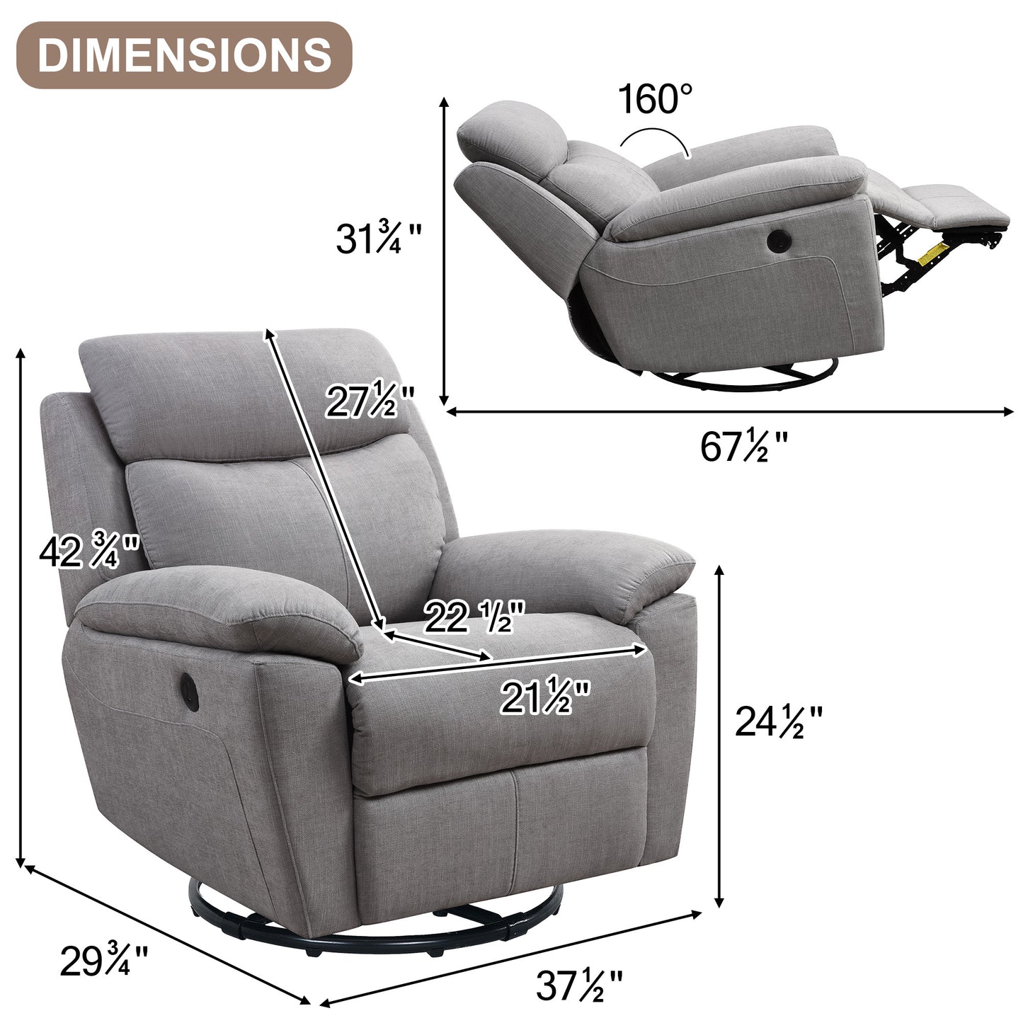 Dormily Recliner Chair for Adults, Ergonomic 270 Degree Swivel Power Recliner, Adjustable Modern Swivel Chair with Thick Seat Cushion and Backrest for Living Room, Bedroom, Nursery (Light Grey)