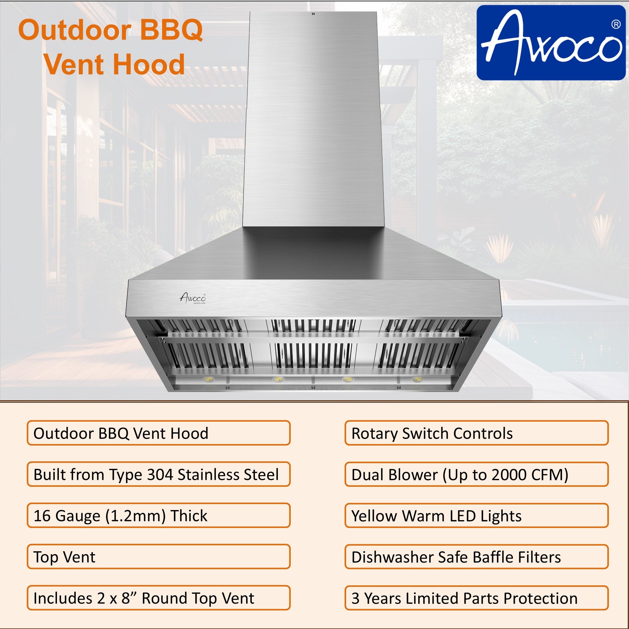 RH-IS-H BBQ Outdoor Range Hood - Island Mount - 16 Gauge - 2000 CFM