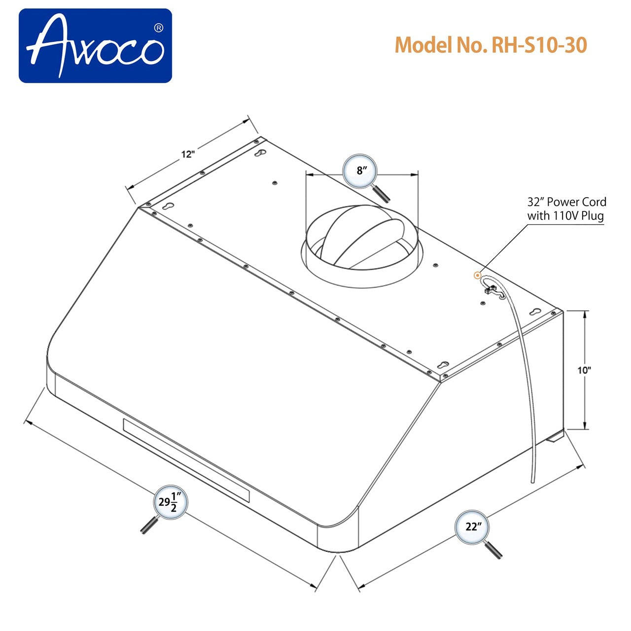 Awoco 30" Under Cabinet Supreme 10”H Stainless Steel Range Hood, 4 Speeds 8” Round Top Vent 1000CFM with Remote Control