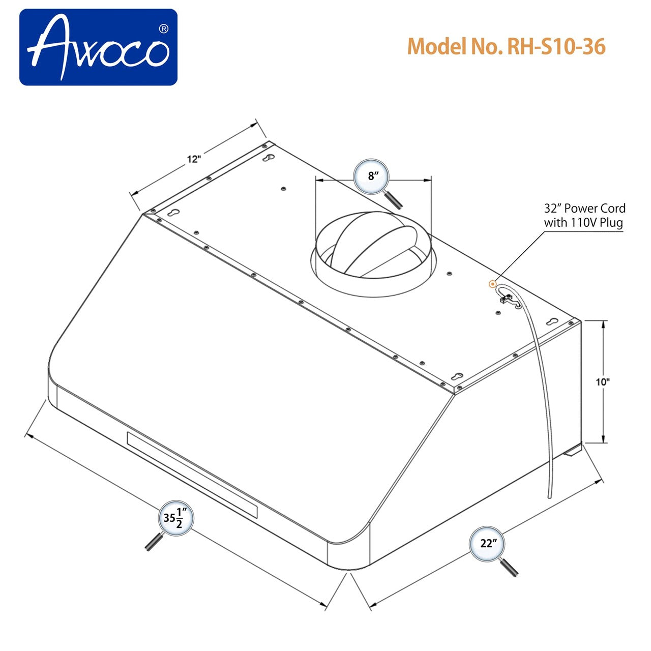 Awoco 36" Under Cabinet Supreme 10”H Stainless Steel Range Hood, 4 Speeds 8” Round Top Vent 1000CFM with Remote Control