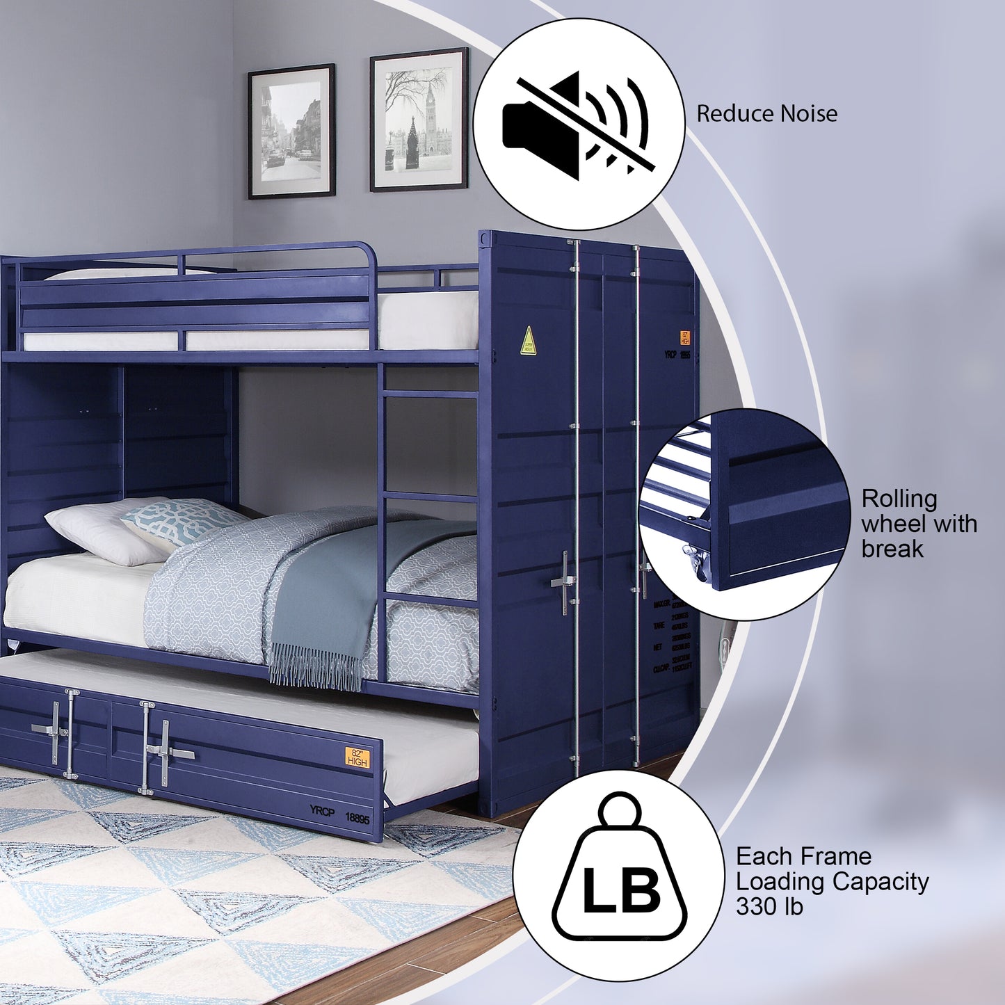 Dormily Full Over Full Metal Bunk Bed with Trundle Heavy Duty Metal Bunk Beds Frame with Ladder Convertible Bunk Bed with Safety Guard Rails, 3 in 1 Bunk Beds No Box Spring Needed