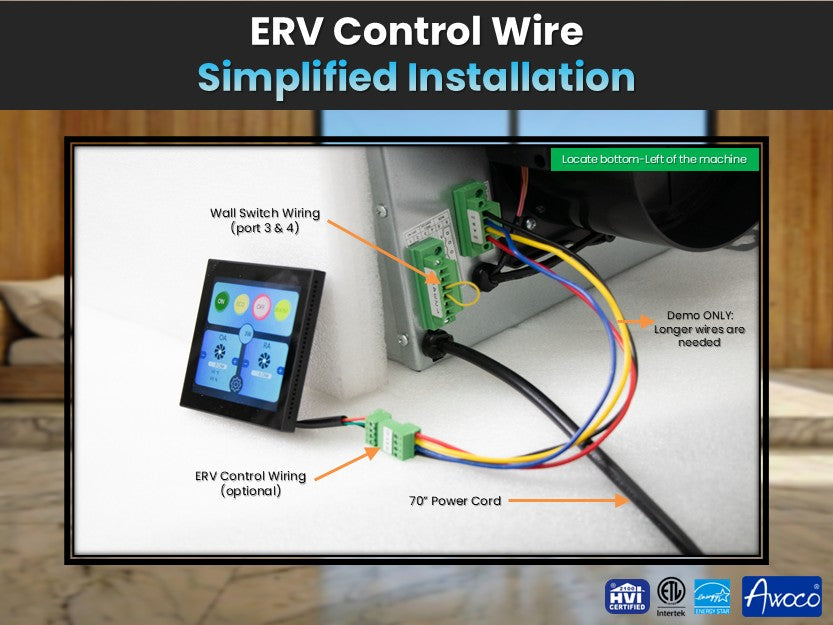 Awoco ERV100EC 能量回收通风机 – 100 CFM 高效空气交换系统，带石墨烯核心和湿度控制