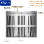 Awoco 48" Outdoor BBQ Vent Hood 18" High Type 304 Stainless Steel, 4 Speeds 2000 CFM, Dual Blowers, Adjustable LED Lights, 8” Round Top Vent + 12"H Chimney Cover.
