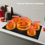 Awoco Induction Cooktop, built in Induction Stove Top, Electric Cooktop with Multiple Boost Burners with 9 power level, Residual Heat Indicator, Child Safety Lock, 220-240V with hard wire