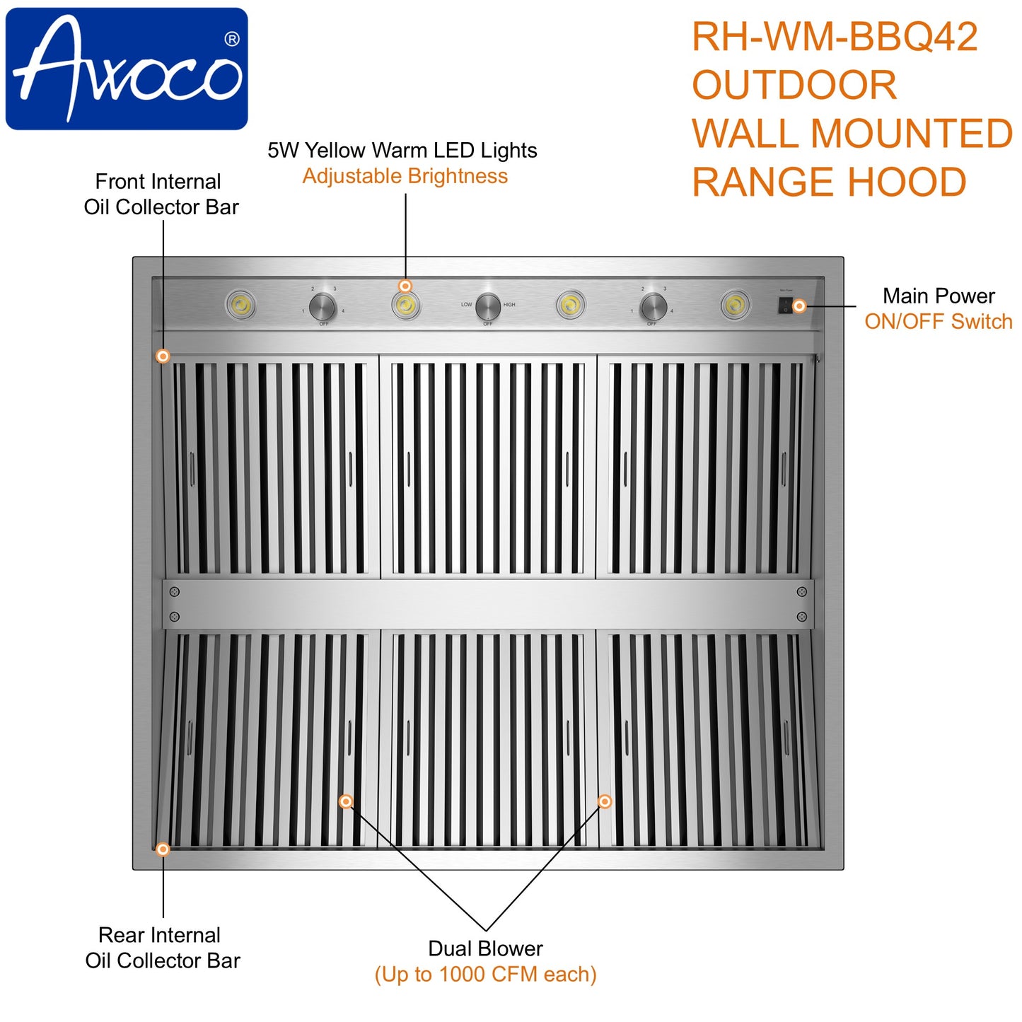 Awoco 42" Outdoor BBQ Vent Hood 18" High Type 304 Stainless Steel, 4 Speeds 2000 CFM, Dual Blowers, Adjustable LED Lights, 8” Round Top Vent + 24"H Chimney Cover.