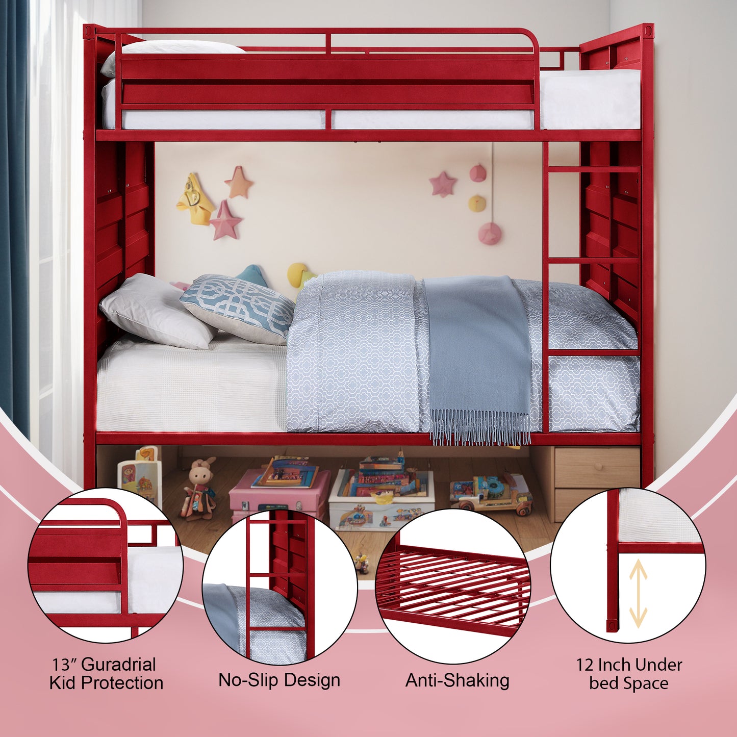 Dormily Full Over Full Metal Bunk Bed with Sturdy Guard Rail, Heavy Duty Full Size Metal Bunk Beds Frame with Ladder, Industrial Bunk Beds, No Box Spring Needed