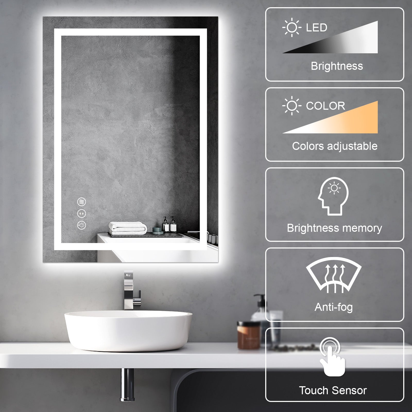 Awoco LED Bathroom Mirror, Vanity Mirror with Backlit and Front Light, Dimmable Anti-Fog Lighted Mirror, Memory Function, 3 Colors Mirror for Bathroom Wall