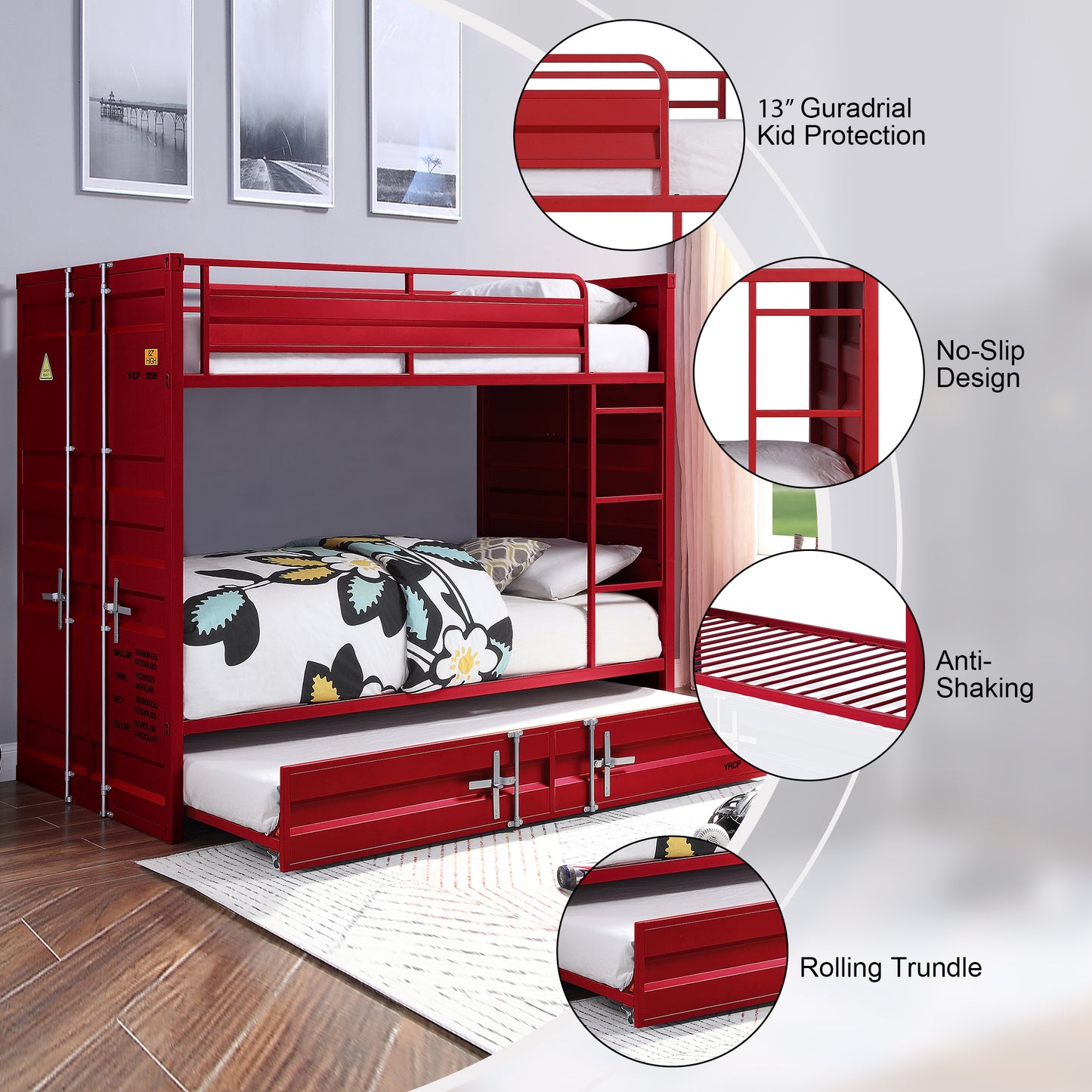 Dormily Full Over Full Metal Bunk Bed with Trundle Heavy Duty Metal Bunk Beds Frame with Ladder Convertible Bunk Bed with Safety Guard Rails, 3 in 1 Bunk Beds No Box Spring Needed