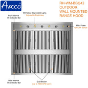 Awoco 42" Outdoor BBQ Vent Hood 18" High Type 304 Stainless Steel, 4 Speeds 2000 CFM, Dual Blowers, Adjustable LED Lights, 8” Round Top Vent